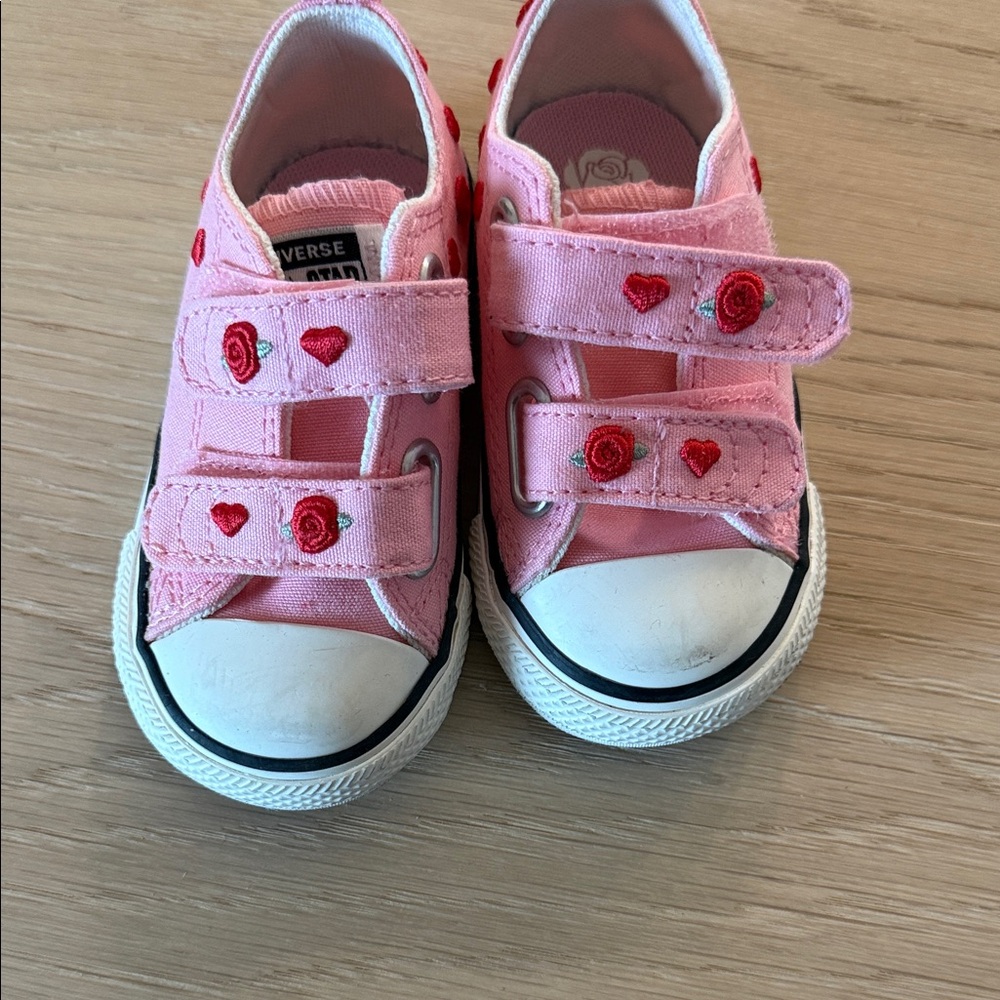 Converse Kids Pink Canvas Velcro Sneakers with Heart & Rose Embroidery EUC